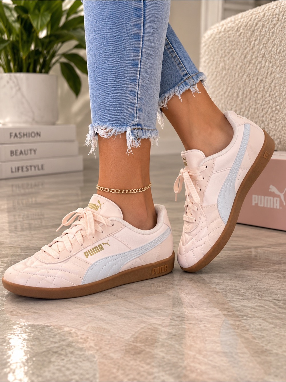 Puma Women's Light Pink Quilted Sneakers with Pale Blue Stripe